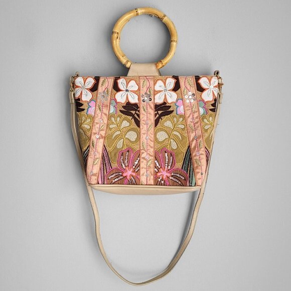 NWOT RARE Bueno Floral Embroidered Sequins Bamboo Handles Boho Satchel - Picture 3 of 11